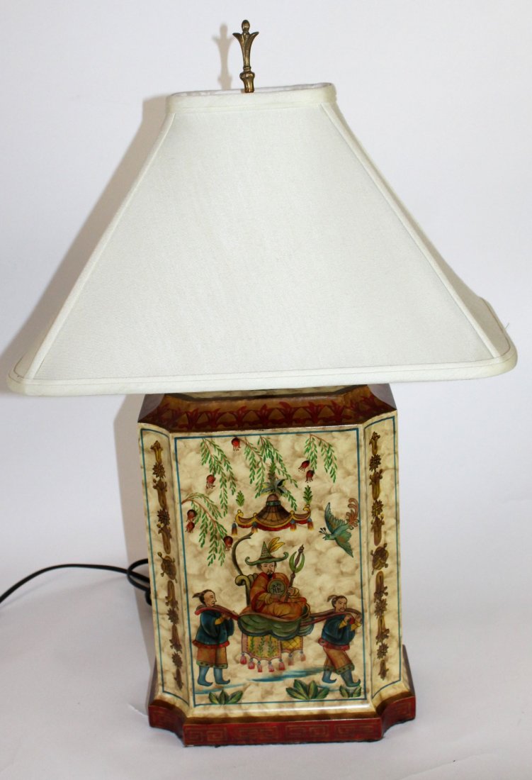 Frederick Cooper Chinoiserie tea canister lamp: Frederick Cooper Chinoiserie tea canister lamp. Unsigned. 27"h