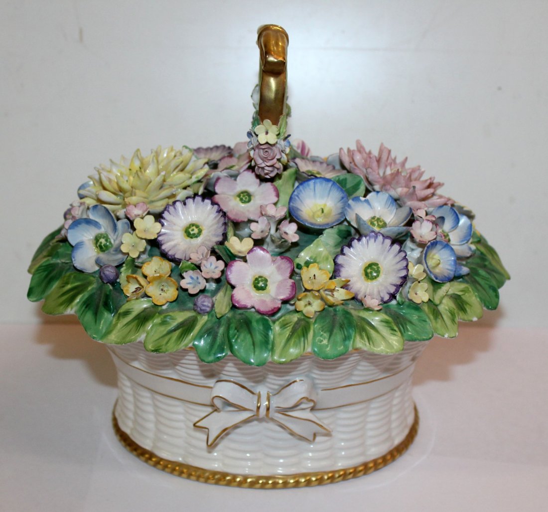 Italian porcelain lidded floral basket: Italian porcelain lidded floral basket after Mottahedeh design. 8"h x 9"w x 8"d