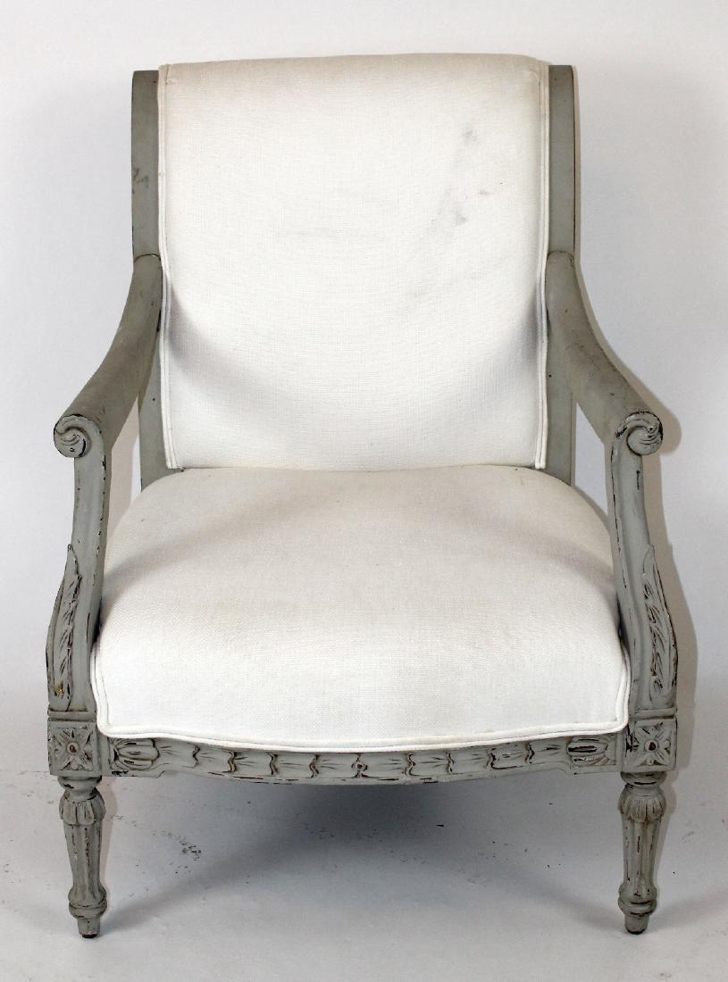 Louis XVI style upholstered armchair: Louis XVI style upholstered armchair with painted frame and burlap back. 37"h x 28"w