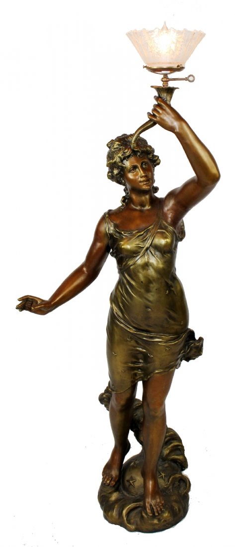 Art Nouveau Figural newel post light: Art Nouveau figural newel post light in patinated spelter. 63 1/2"h x 24w x 16 1/2"d