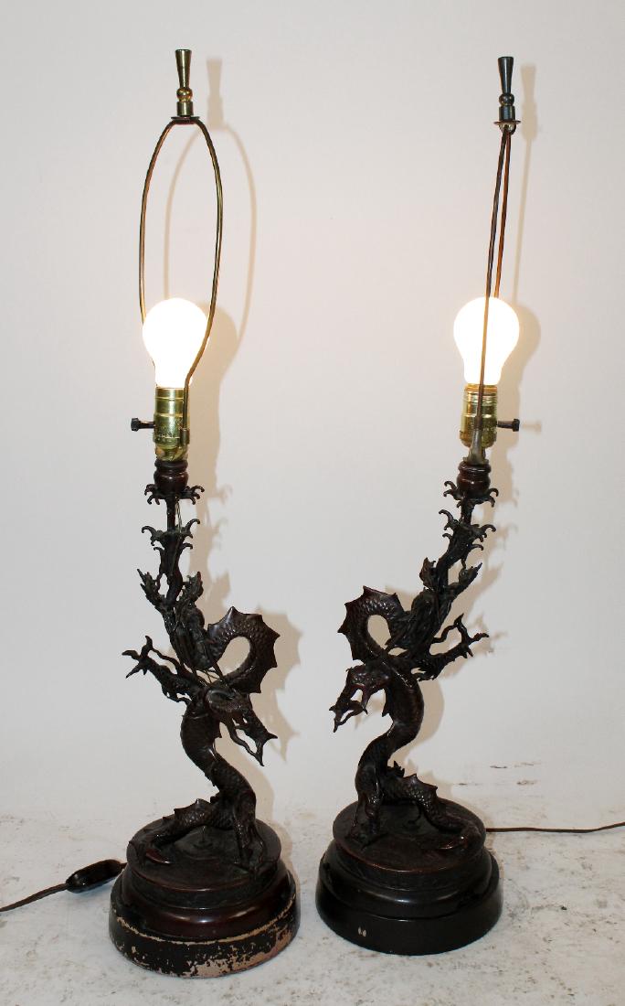 Pair Japanese Meiji bronze dragon lamps (1 of 4)