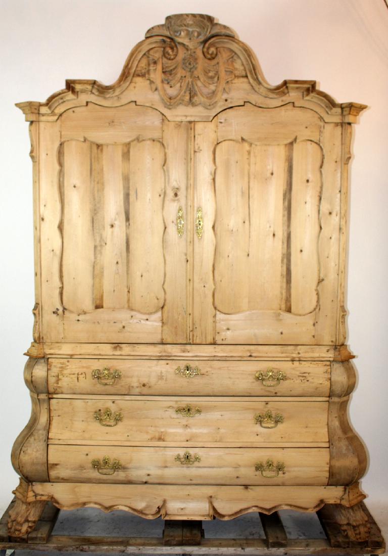 Dutch bombe cabinet in pine with carved crest (1 of 7)