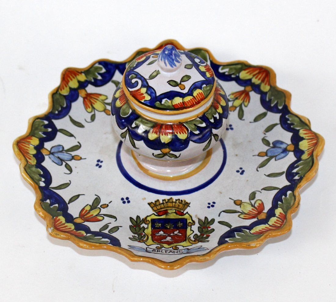 French glazed pottery inkwell (1 of 5)