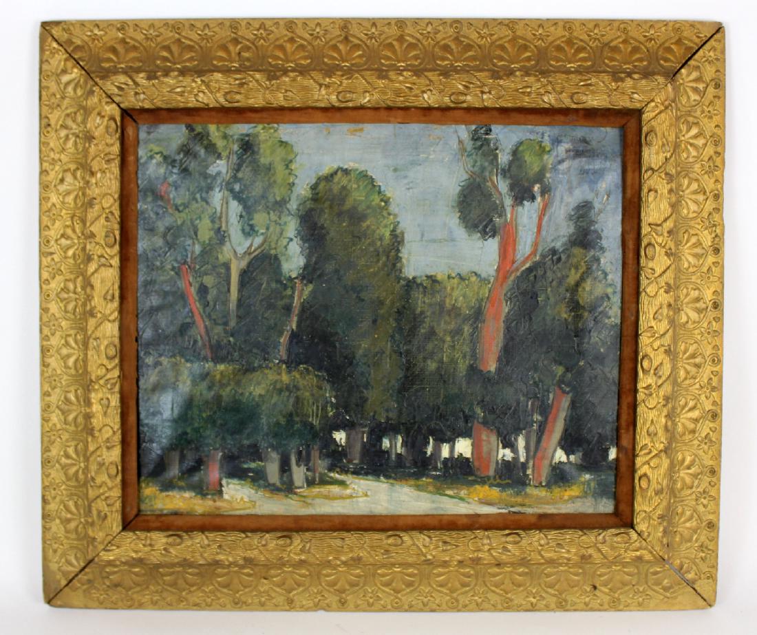 American oil on canvas landscape with trees: Early 20th c. oil on canvas landscape with trees. Signed en verso Layman. Ornate period gilt frame. 17.75"h x 21.75"w (26.75"h x 31"w in frame).Provenance: Estate of Arthur Smith, New York
