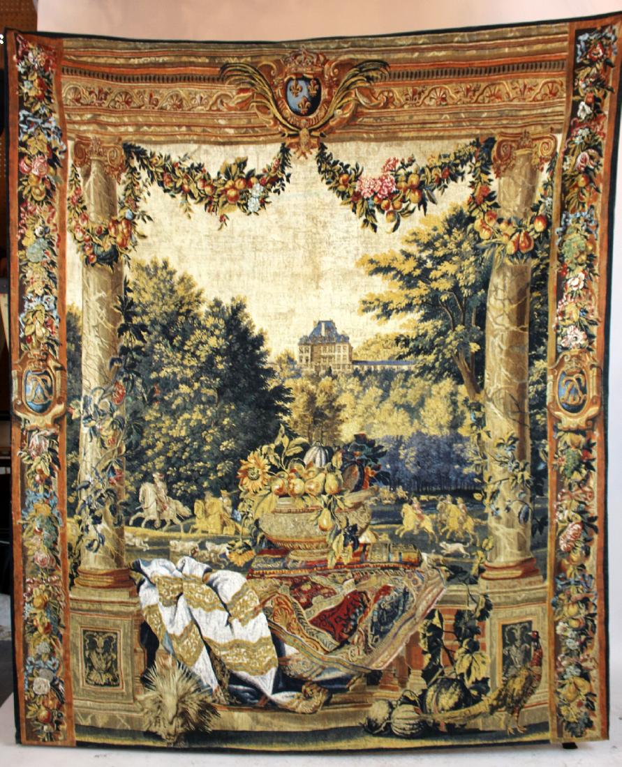 Tapestry depicting veranda with landscape: Tapestry depicting veranda with landscape printed on burlap. Late 20th century. 102"h 85"w