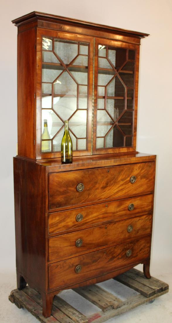 Hepplewhite mahogany bureau bookcase: Hepplewhite flame mahogany bureau with secretary. 19th century. 83 1/2"h x 42"w x 19 1/2"d