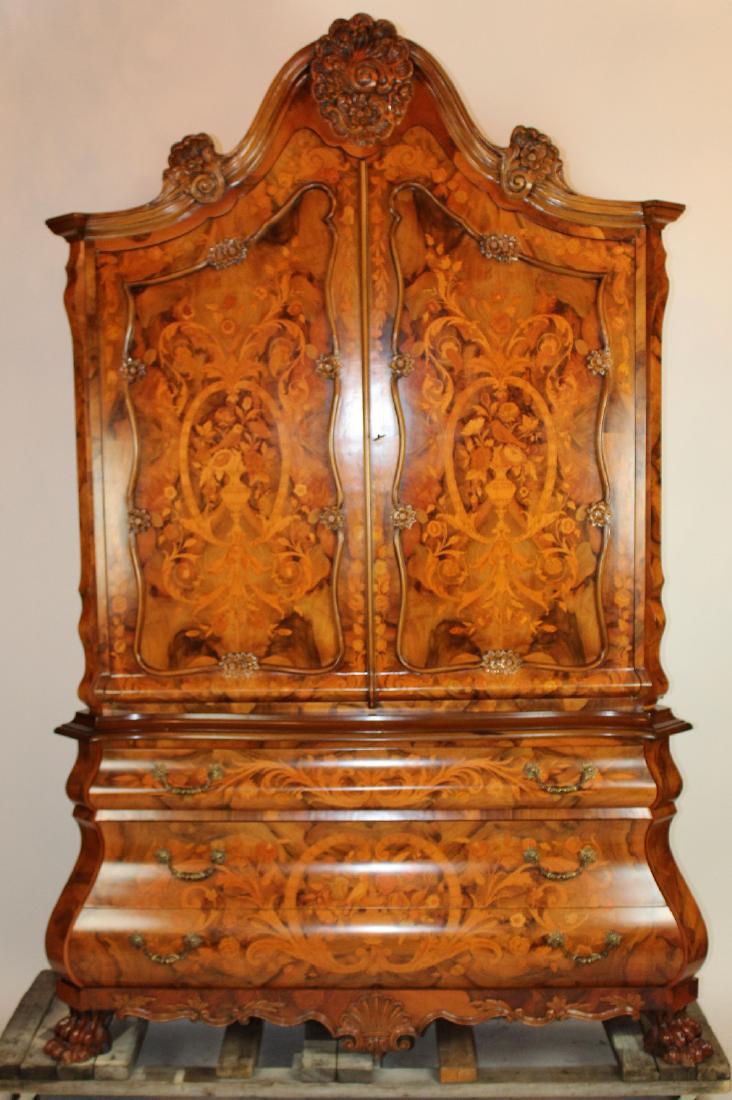 Floral marquetry cabinet on bombe commode: Floral marquetry cabinet on bombe commode on paw feet. Late 20th century. 100"h x 65"w x 25"d