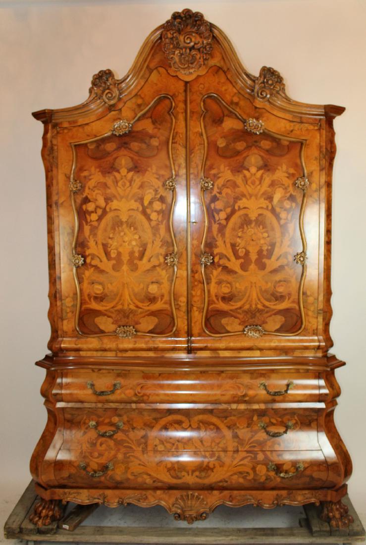 Floral marquetry cabinet on bombe commode: Floral marquetry cabinet on bombe commode on paw feet. Late 20th century. 100"h x 65"w x 25"d