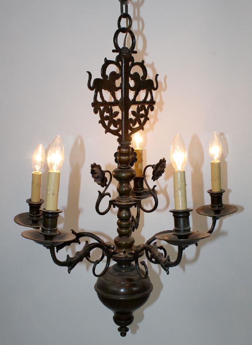 19th c. Dutch 6-arm chandelier in brass with dogs (1 of 3)