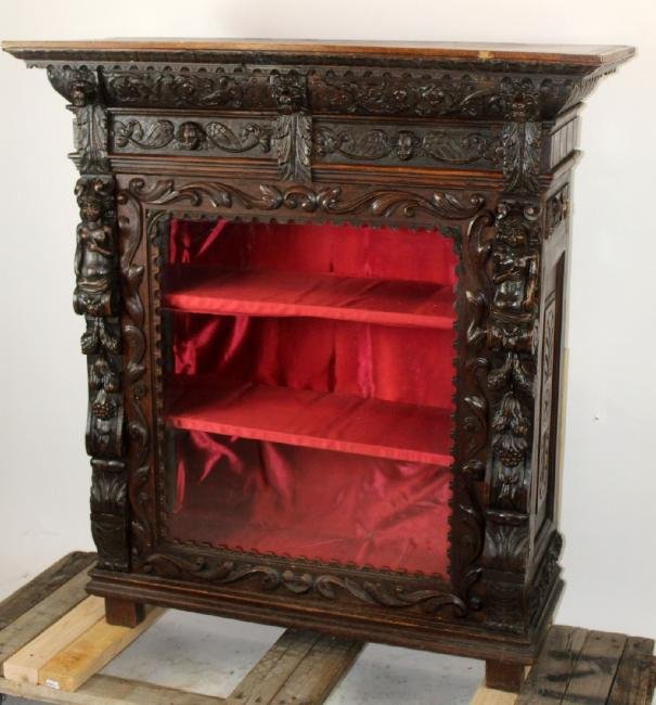 Antique Bavarian heavily carved oak single door vitrine (1 of 5)