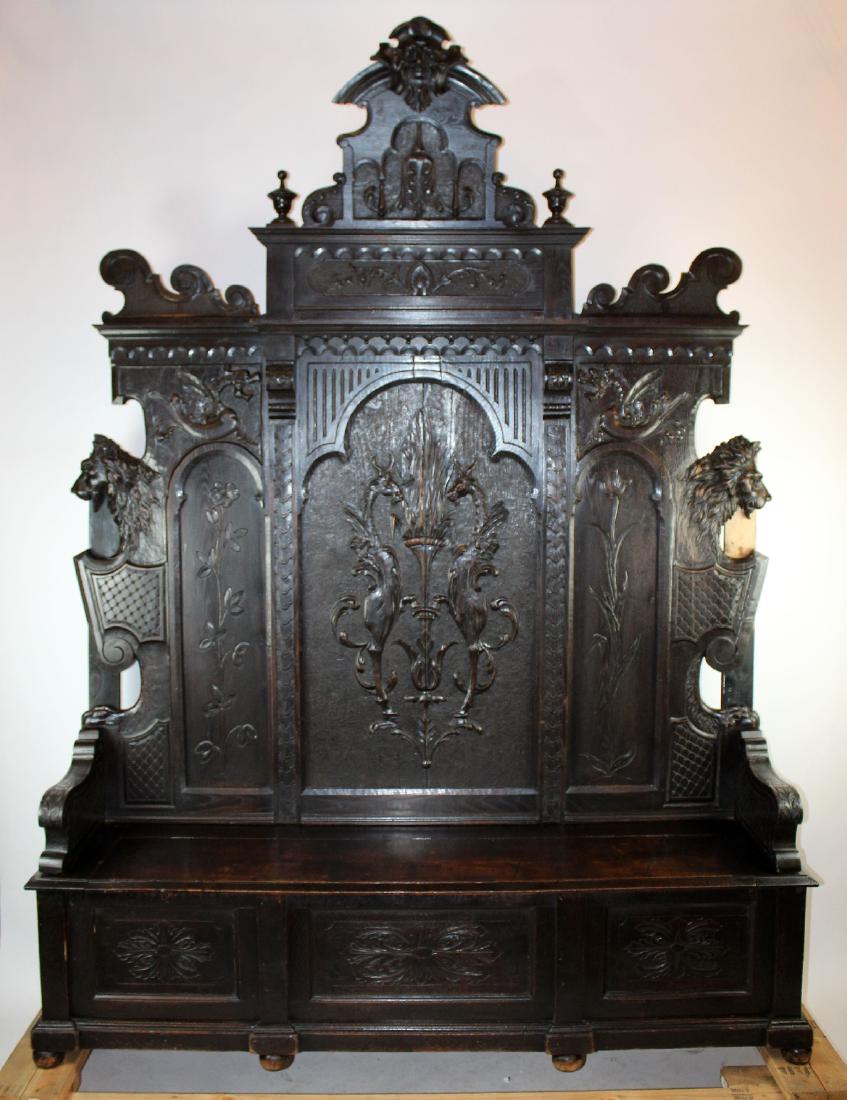 Carved Italian Renaissance hall bench: Carved Italian Renaissance hall bench with carved griffins. 19th century. 104"h x 75 1/2"w x 19"d