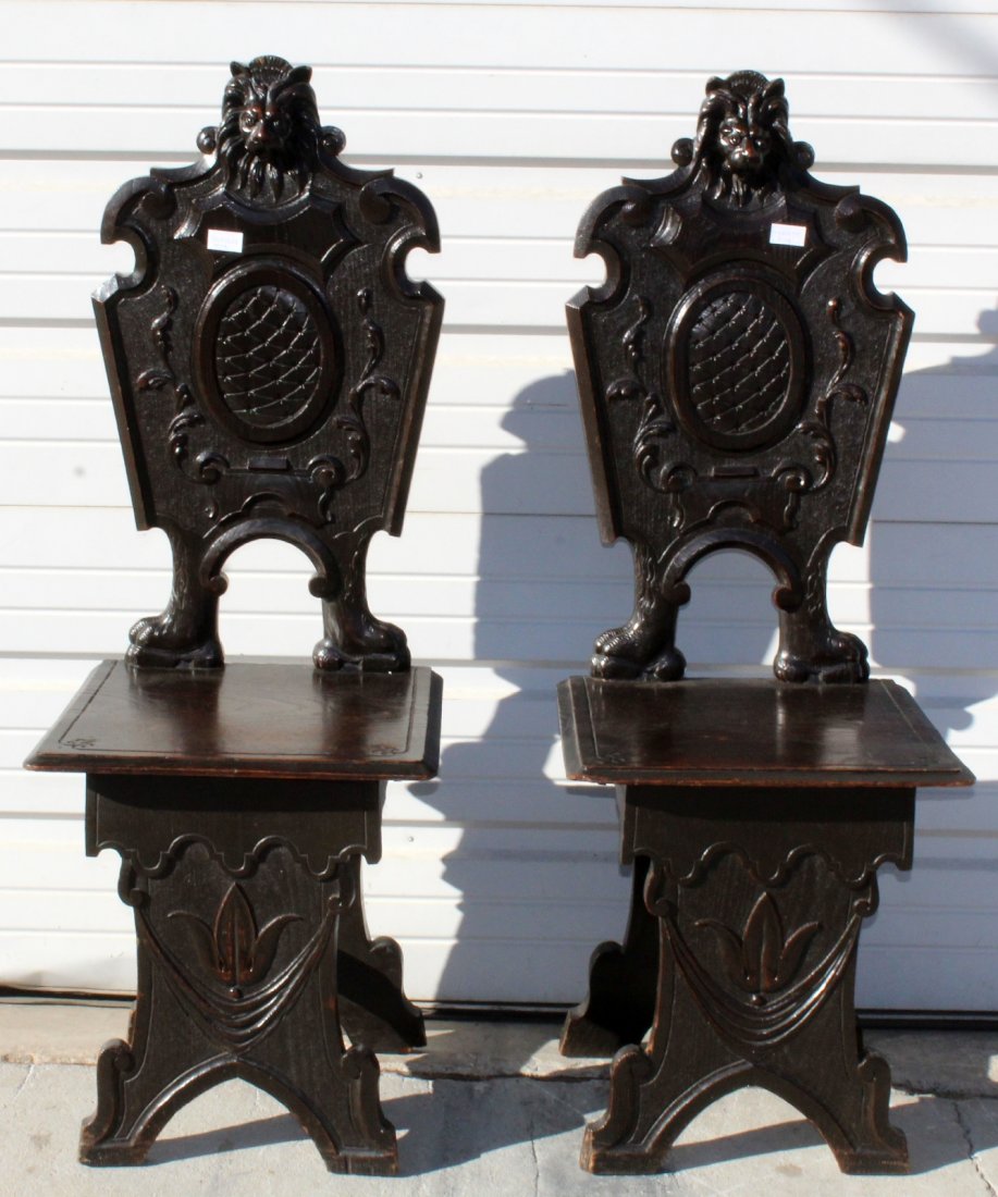 Pair of Italian Renaissance chairs: Pair of Italian Renaissance side chairs. 45 1/2"h x 16 1/2"w x 14 1/2"d