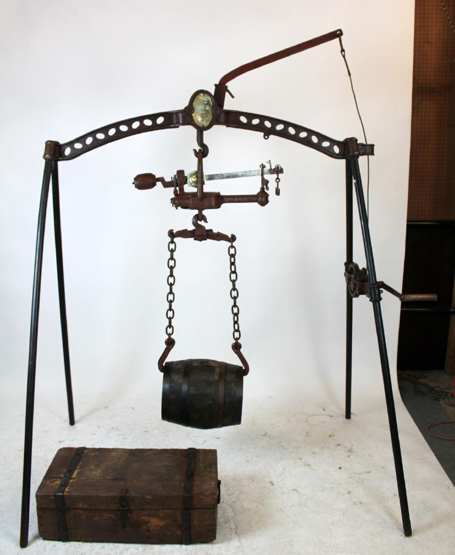 Antique French iron barrel wine scale: Antique French iron barrel wine scale 84"h x 65"w x 42"d