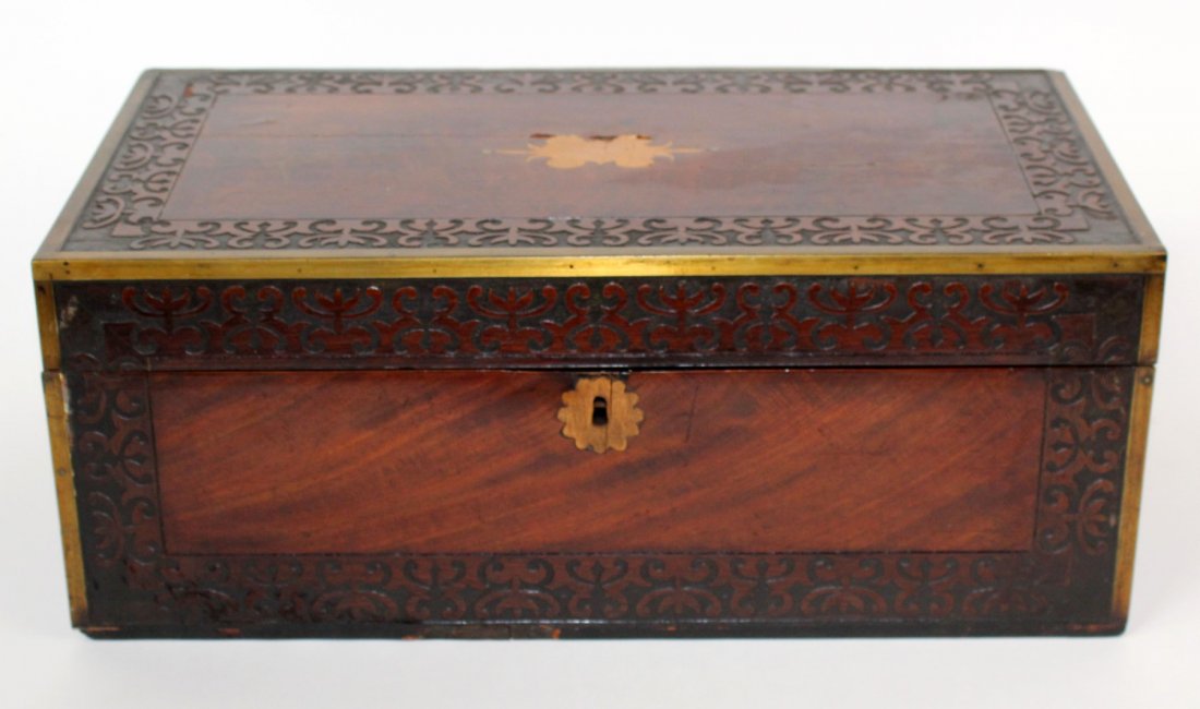 French Renaissance carved lap desk: French carved lap desk with interior leather writing surface. 19th century. 8"h x 20"w x 11"d