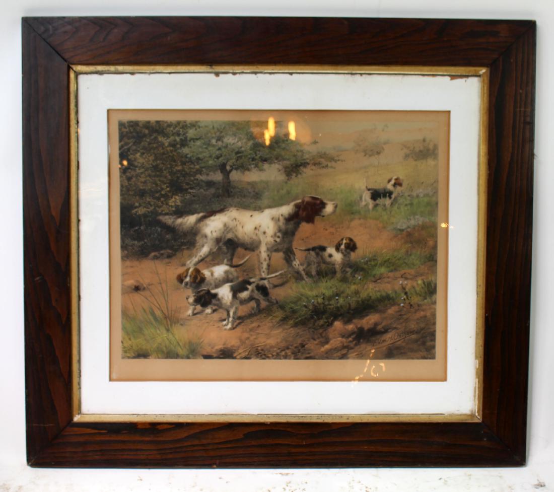 Framed Antique print depicting hunting dogs