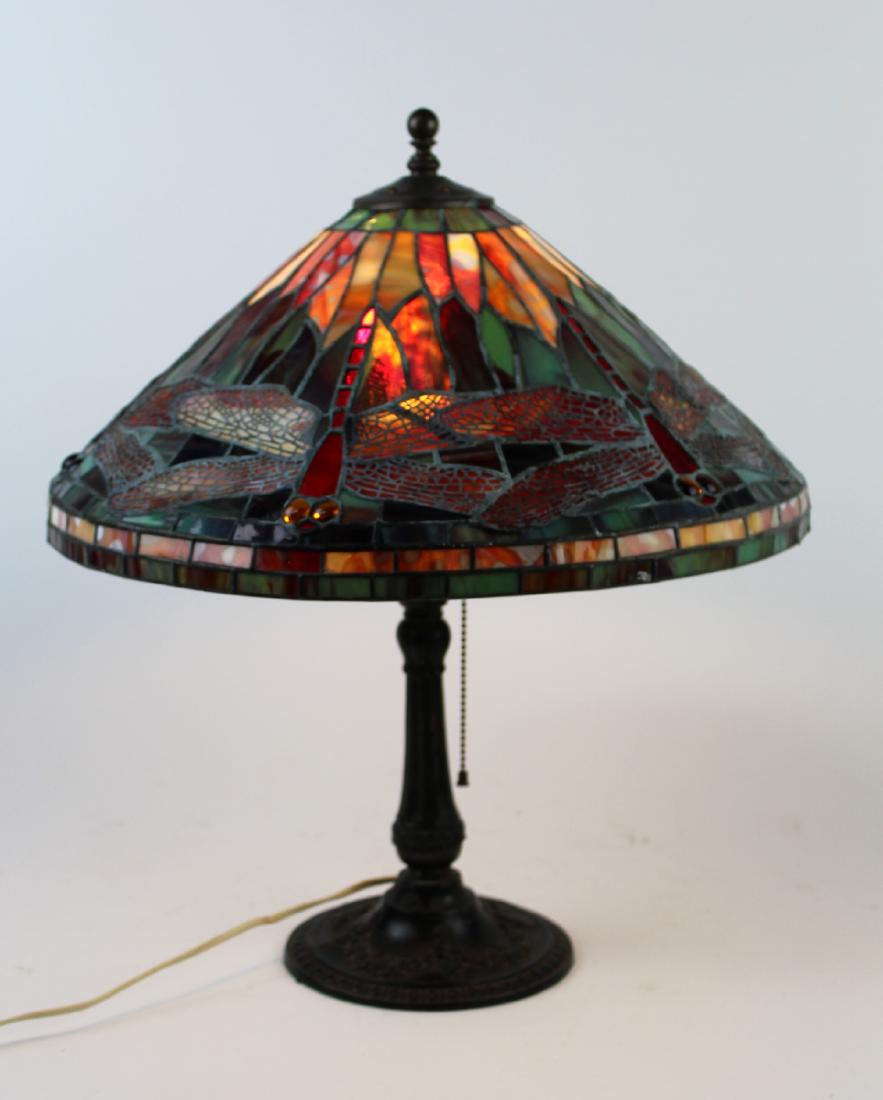 Dragonfly motif stained glass lamp with bronze base (1 of 6)