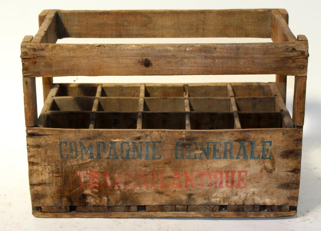 French wooden wine bottle crate: French wooden wine bottle crate. 14"h x 20 1/2"w x 12"d "Compagnie generale transatlantique"