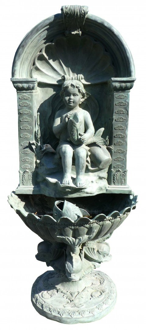 Verdigris bronze wall fountain with niche: Verdigris bronze wall fountain with niche and seated cherub holding koi fish. 72"h x 32"w x 24"d