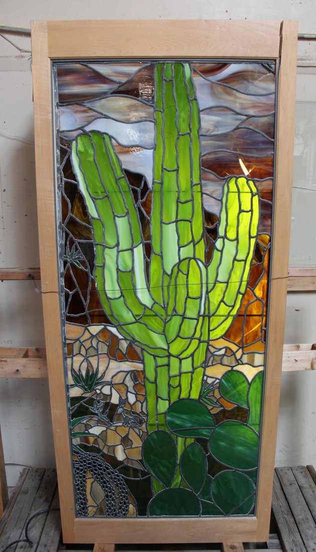American stained & leaded glass landscape window (1 of 3)