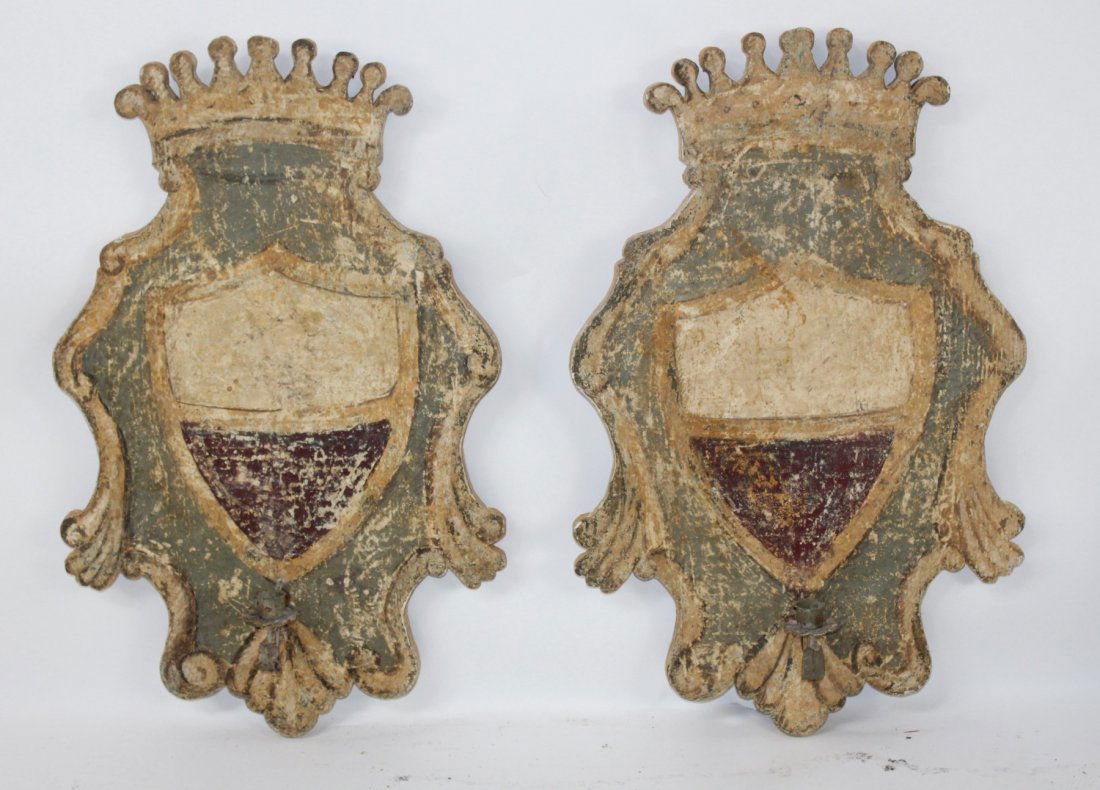 Pair of painted shield form crests with crowns (1 of 6)