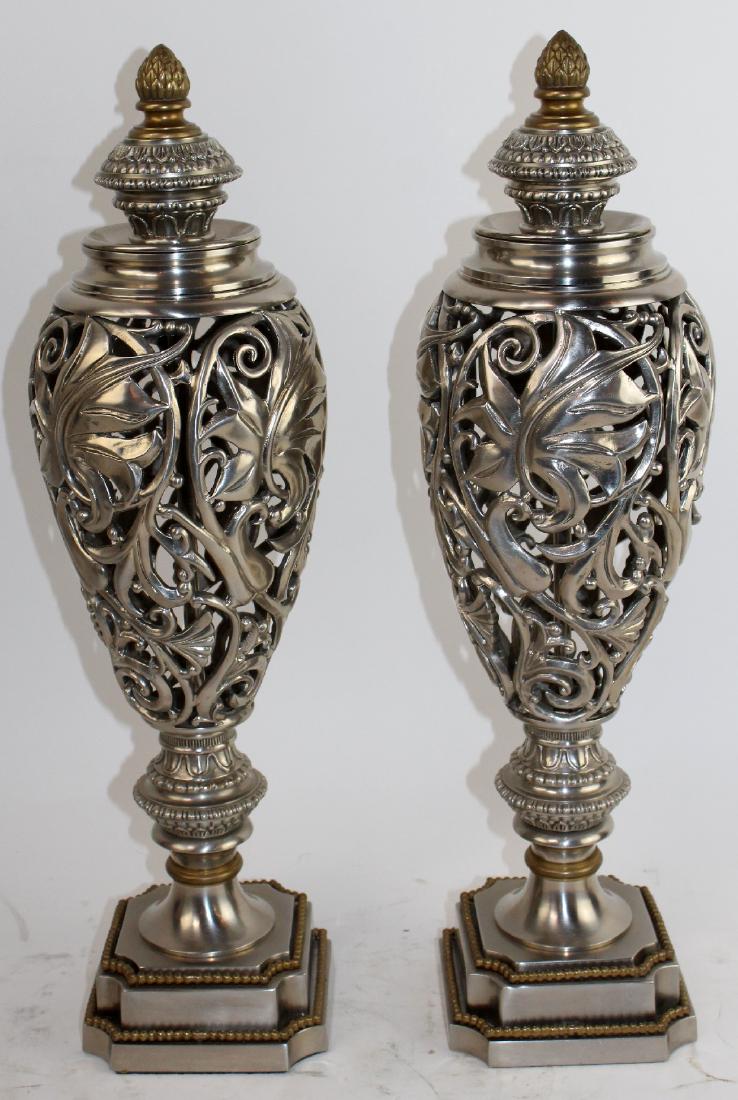 Pair of pewter filigree pedestal base urns (1 of 5)