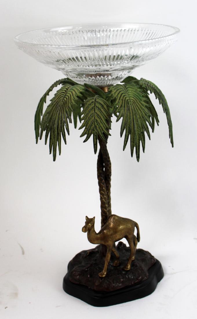 Maitland Smith crystal compote with camel: Maitland Smith unmarked crystal compote with camel and palm tree. 20"h x 12" dia