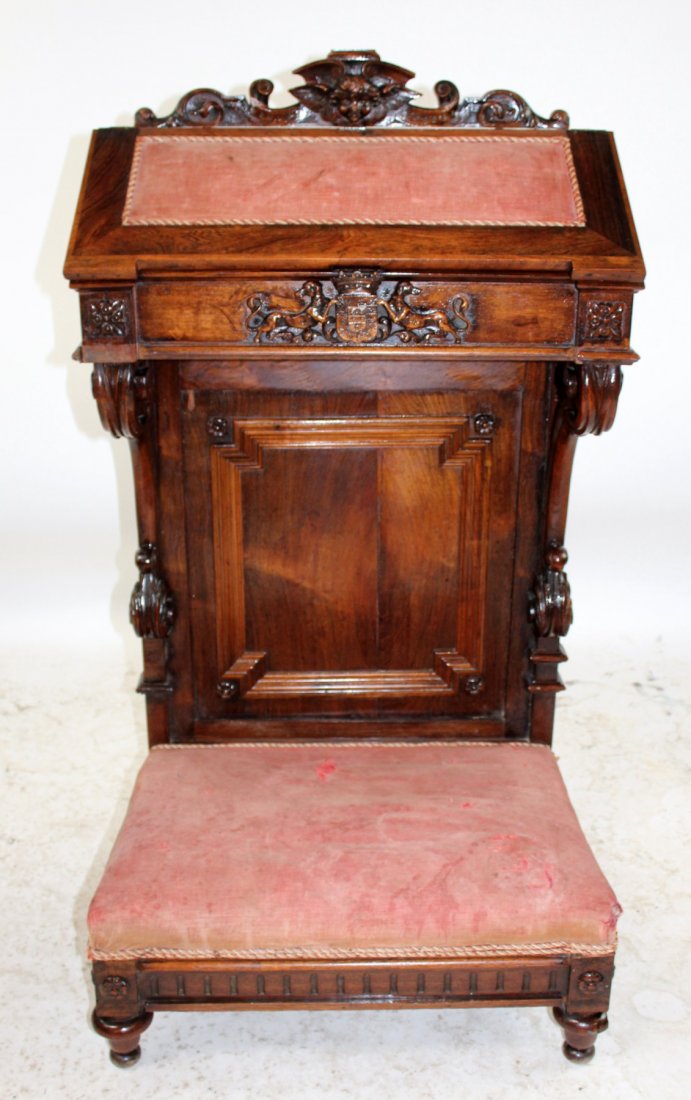French walnut prayer bench with crest flanked by dogs (1 of 9)
