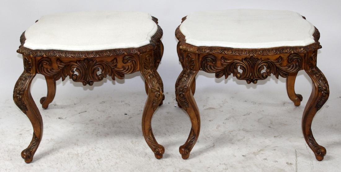 Pair of carved walnut side tables with marble tops (1 of 4)
