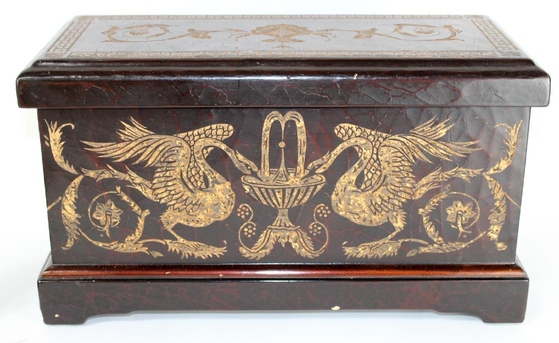 Hilda Flack crackle finish hinged box: Hilda Flack crackle finish hinged box with swans. 10"h x 18"w x 8 1/2"d