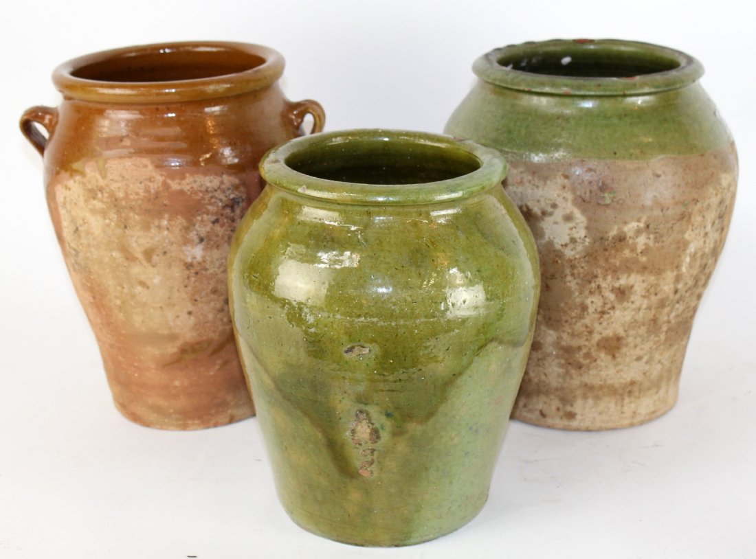 Lot of 3 French slipped glazed terracotta pots (1 of 4)