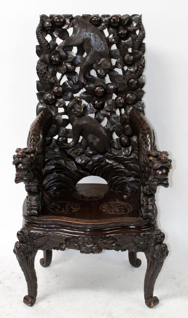 Chinese pierce carved throne chair with monkey (1 of 5)