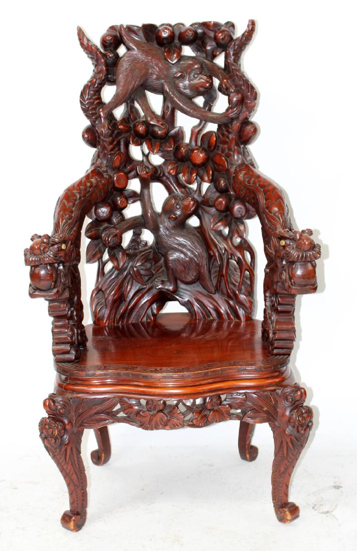 Chinese pierce carved throne chair with monkey (1 of 5)
