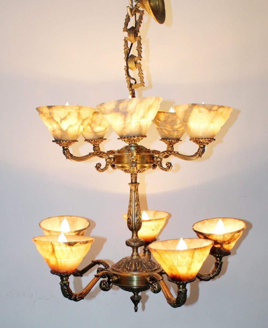 10 arm 2-tier bronze chandelier with alabaster shades (1 of 6)