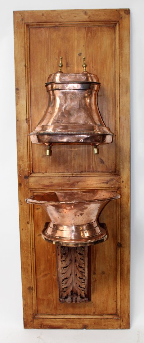 French copper lavabo: French copper lavabo mounted on pine panel. 71"h x 21v3/4"w