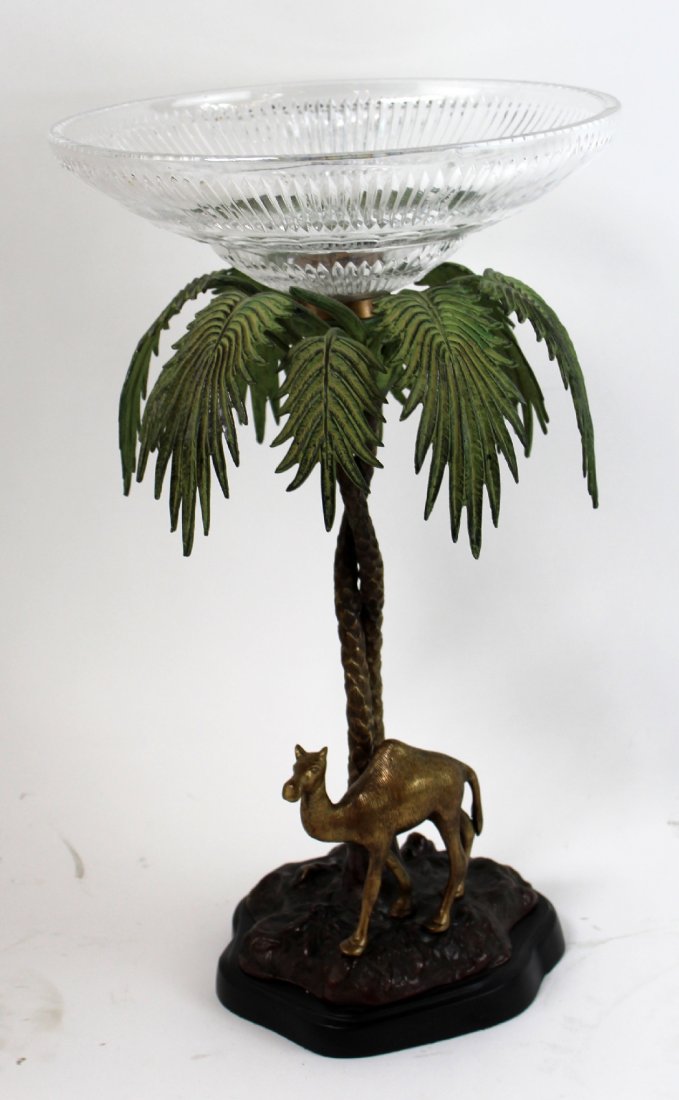 Maitland Smith unmarked crystal compote: Maitland Smith unmarked crystal compote with camel and palm tree. 20"h x 12" dia