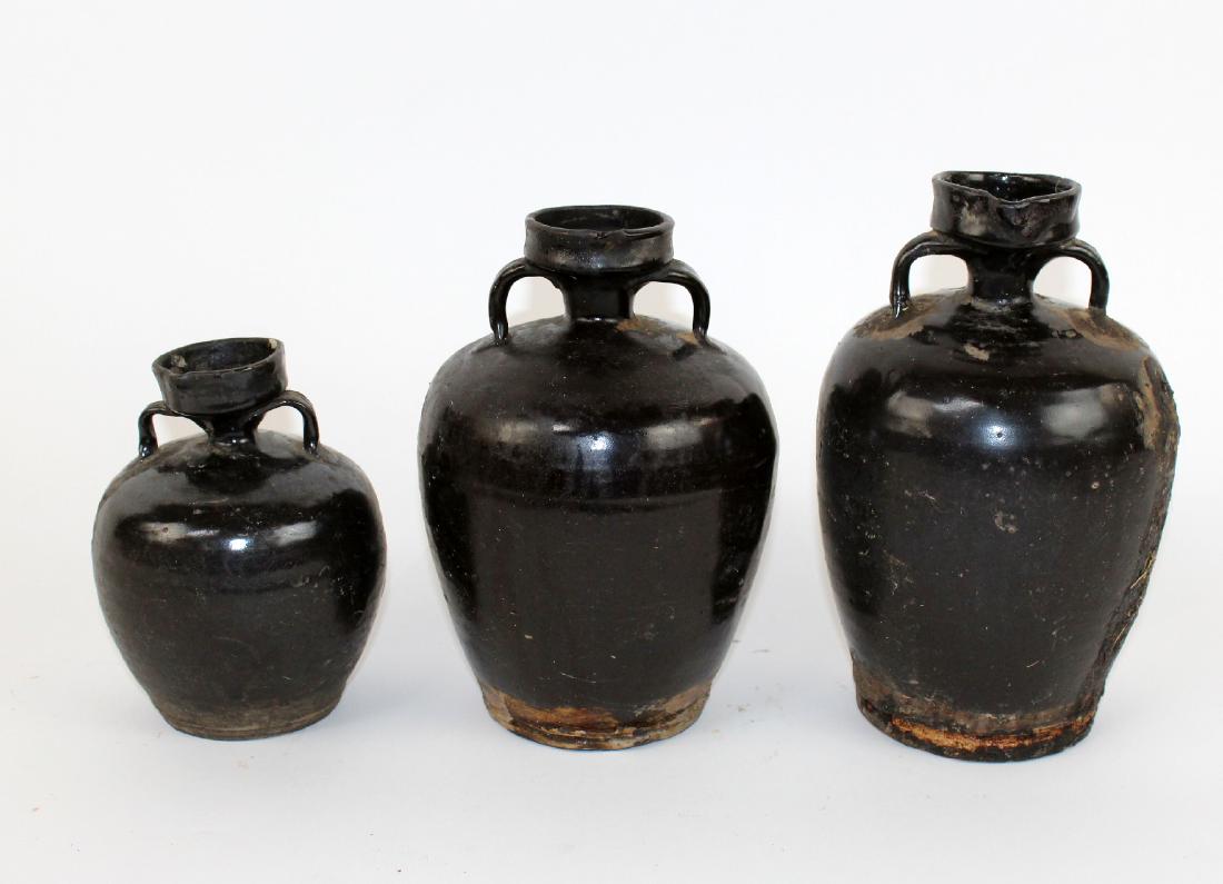 Lot of 3 miniature glazed terra cotta amphora pots: Lot of 3 miniature glazed terra cotta Amphora pots. 6 1/2"-9 1/2"h