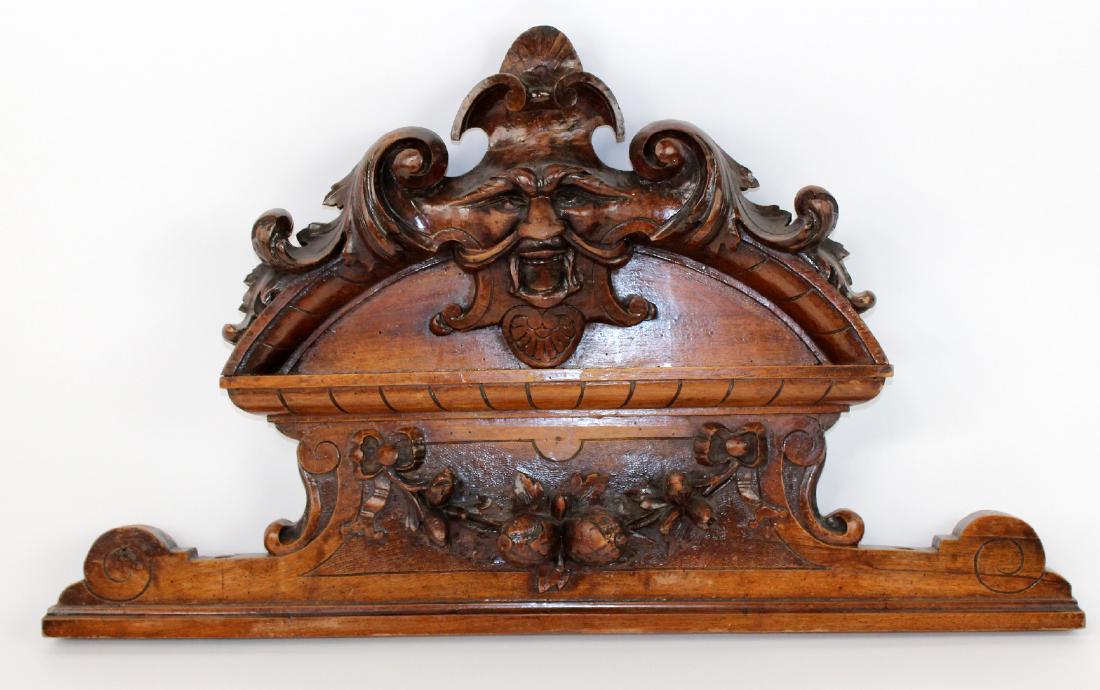 French carved walnut crest with figural mask (1 of 4)