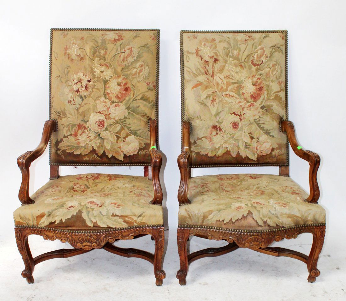 Pair of French carved walnut armchairs with tapestry (1 of 5)