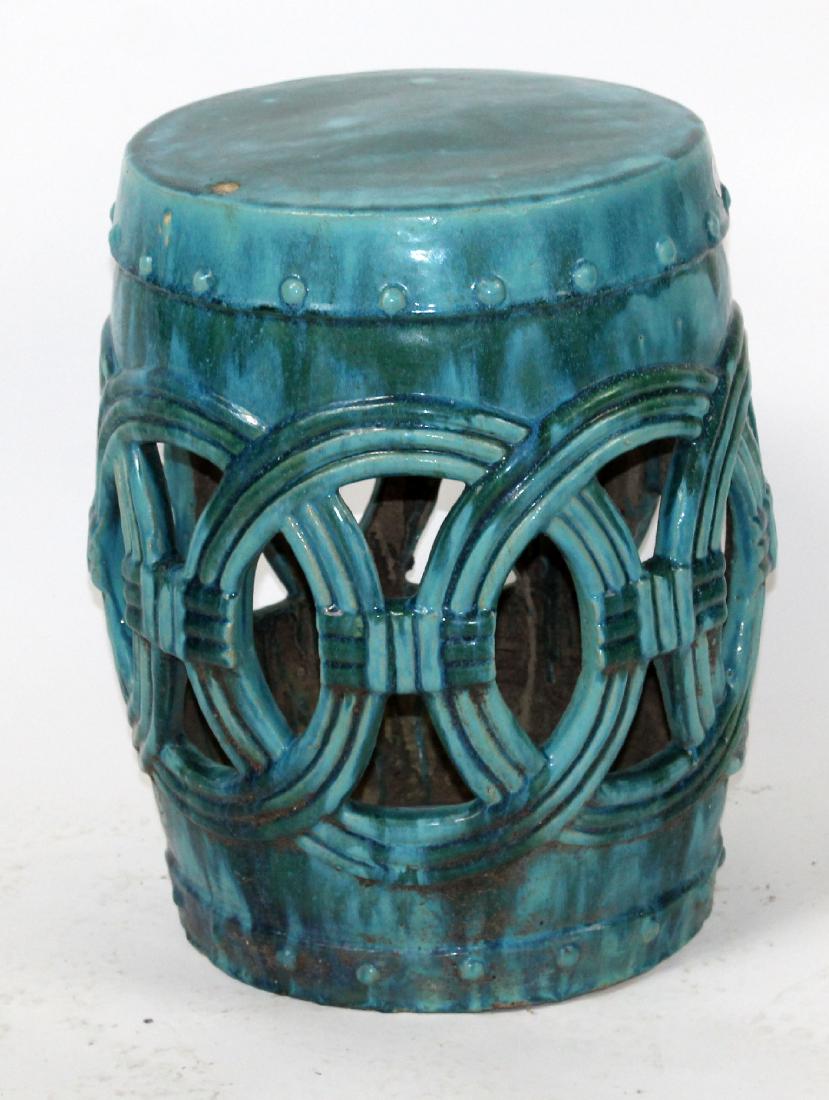 Teal glazed Chinese garden seat: Teal glazed Chinese garden seat. Late 20th century. 21"h x 15" dia