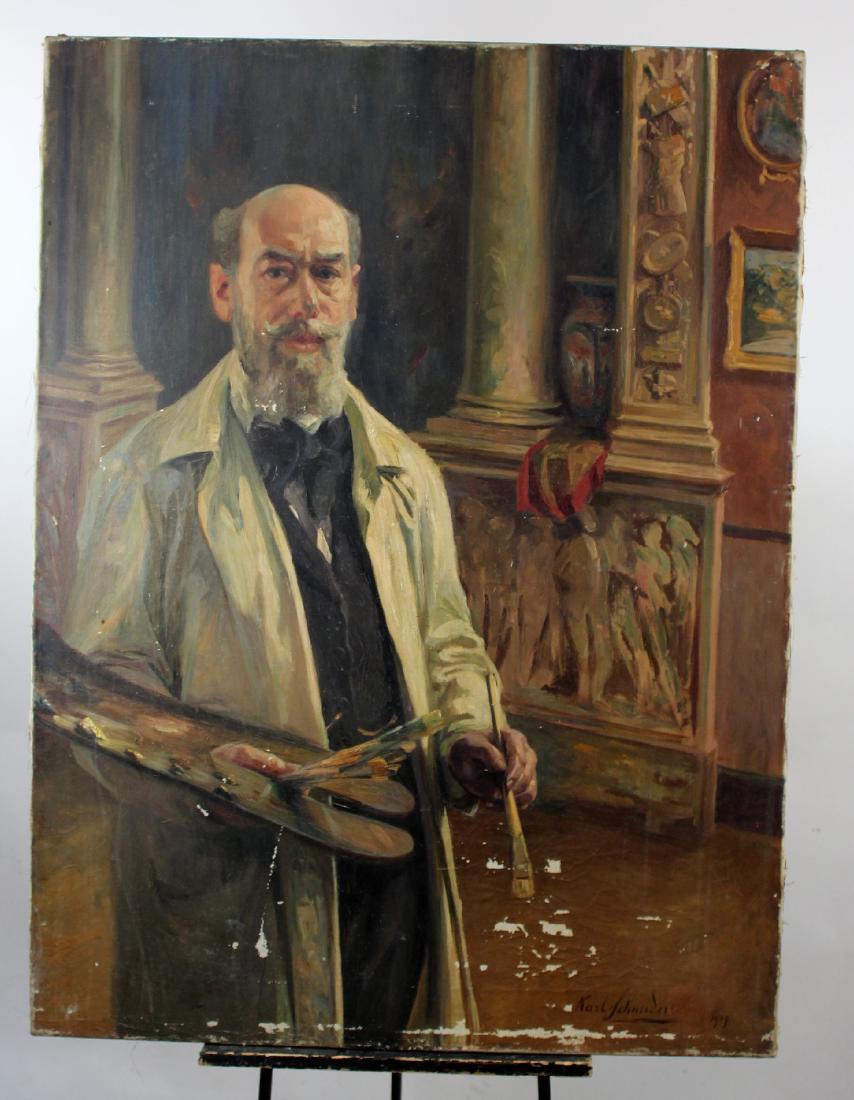 Portrait on canvas depicting painter: Portrait on canvas depicting painter signed lower right Karl Schneider 1917. Unframed. 48"h x 36"W