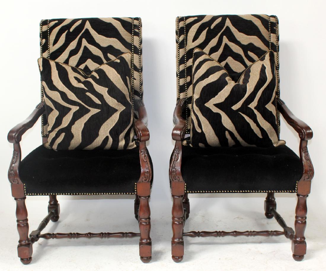 Pair French Heritage Louis XIV style chairs: pair of French Heritage Louis XIV style chairs, upholstered in black velour and Zebra upholstery. 25"h x 24w
