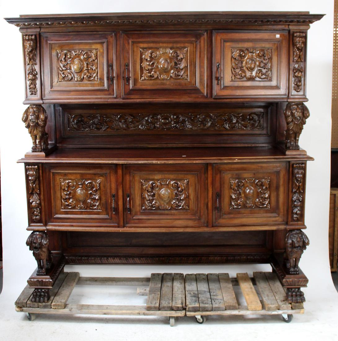 Italian Renaissance carved buffet with lions: Italian Renaissance carved buffet with full figured lion supports. Late 19th century. 78"h x 79"l x 21"d