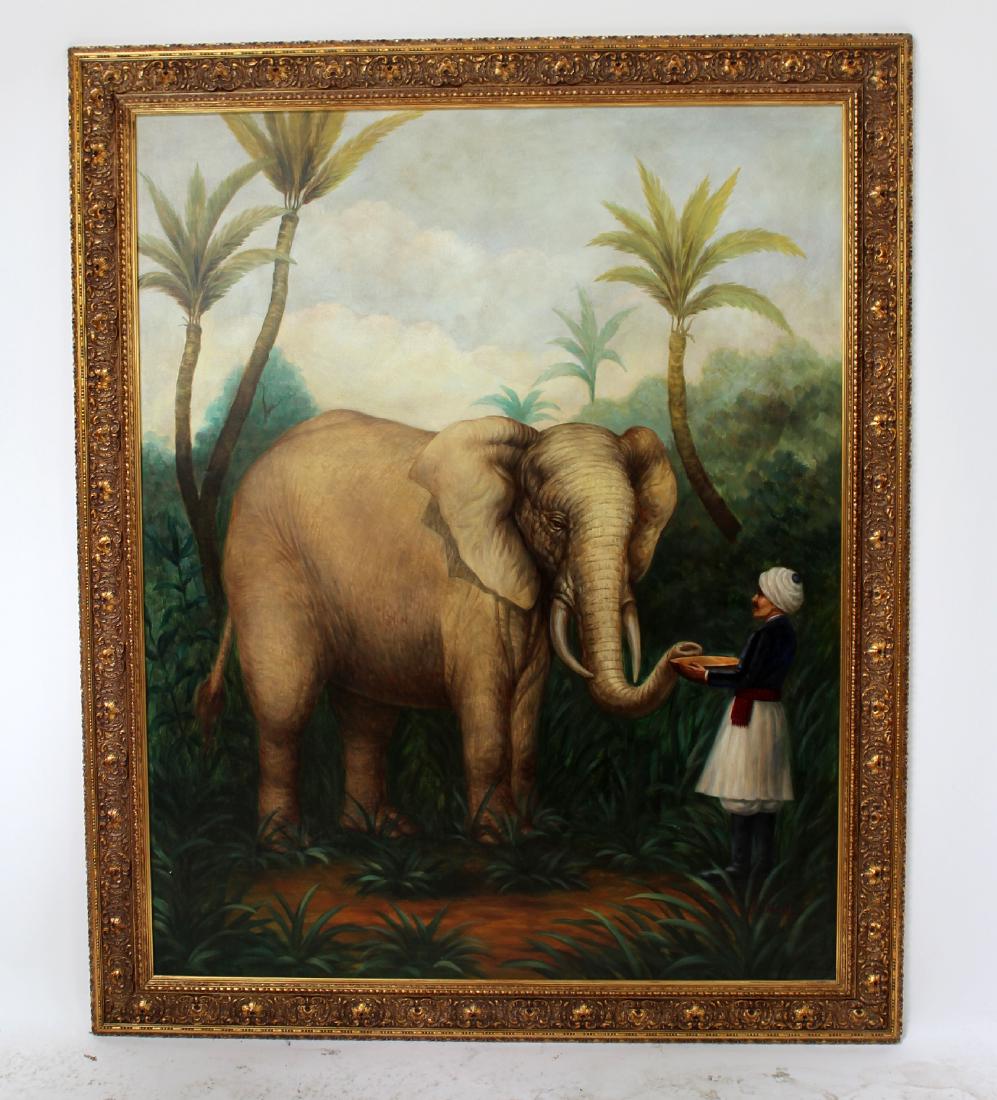 Oil on canvas elephant in the jungle: Oil on canvas elephant in the jungle. Signed O. Millar. 50"h x 40"w