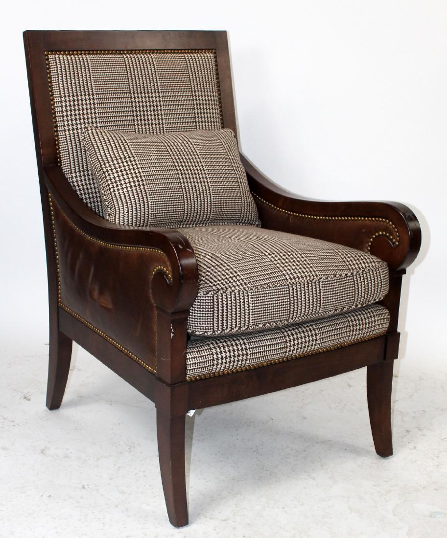 Bentley Churchill leather & houndstooth bergere: Leather & houndstooth upholstered bergere by Bentley Churchill. 48 1/2"h x 27"w