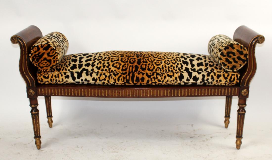John Richard rolled arm mahogany bench: John Richard rolled arm mahogany bench with leopard upholstery. 20th century. 29 1/2"h x 57 1/2"w x 18 1/2"d