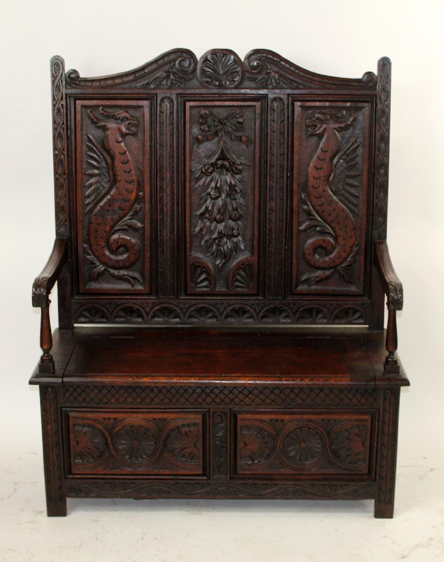 English hall bench in carved oak (1 of 7)