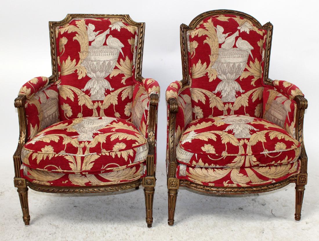 Companion pair Louis XVI style bergeres: Companion pair of Louis XVI style bergeres. Late 20th century. 37"h x 26"w