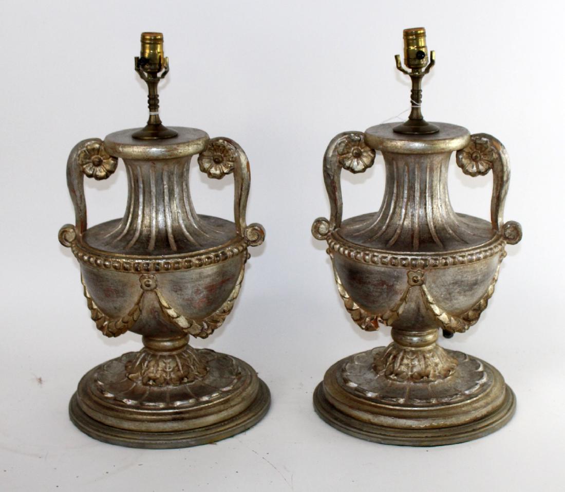 Pair carved wood silver leaf urn form lamps (1 of 3)