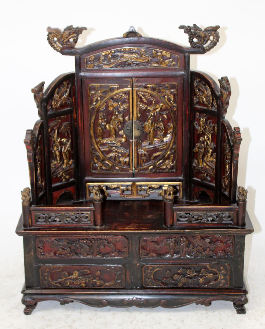 Chinese ebonized & carved altar: Chinese ebonized and carved altar with relief carvings. 26"h x 22 1/2"w x 10 1/2"d