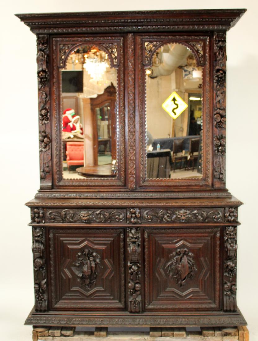 Louis XIII bookcase in relief carved oak (1 of 8)
